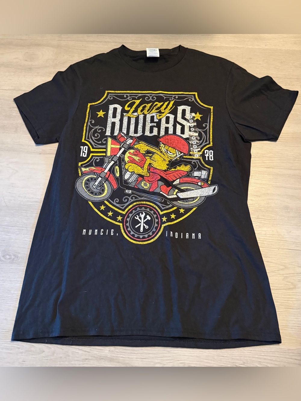 Brisco Brands Lazy Riders Garfield Motorcycle Black T-Shirt Men's M-read Notes